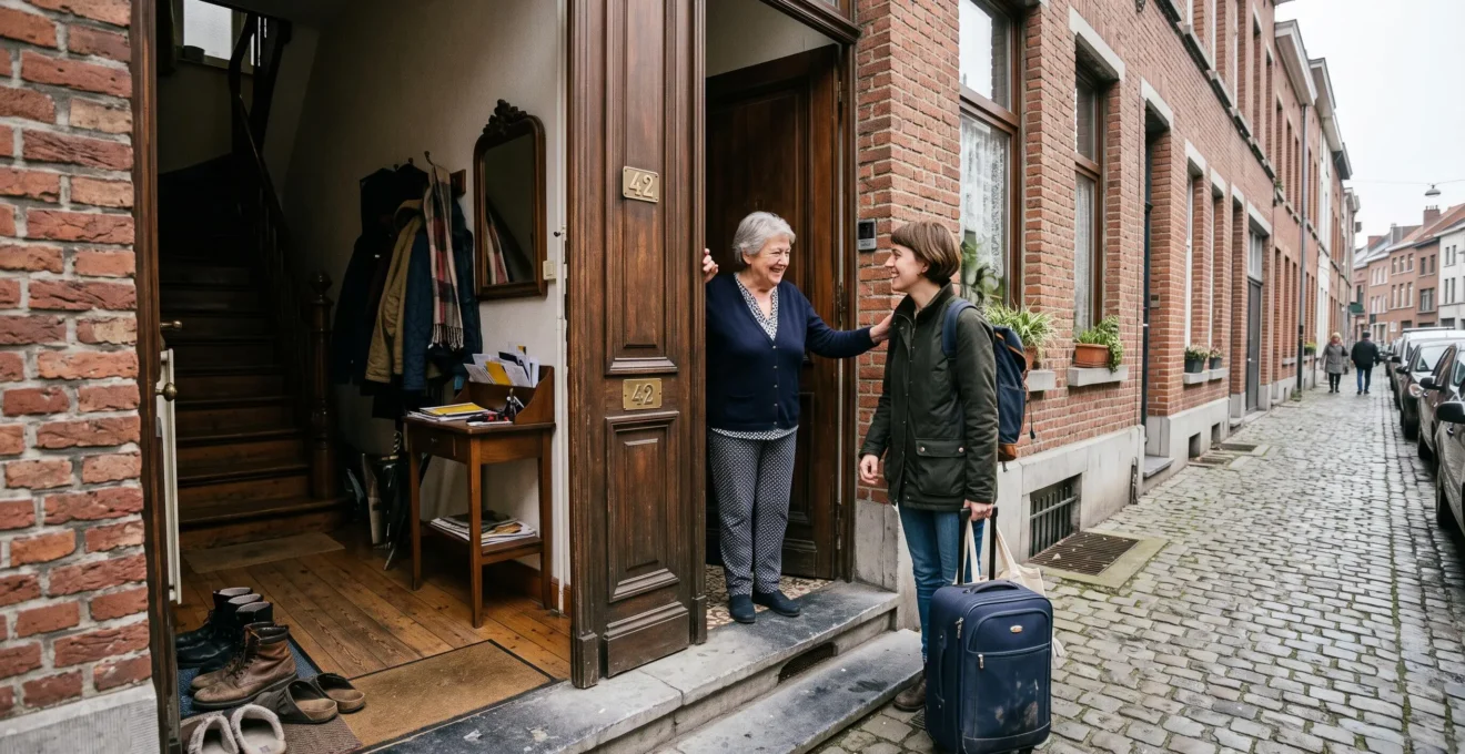 Un voyageur avec une valise franchit le seuil d'une maison de ville belge où son hôte l'accueille à la porte d'entrée.