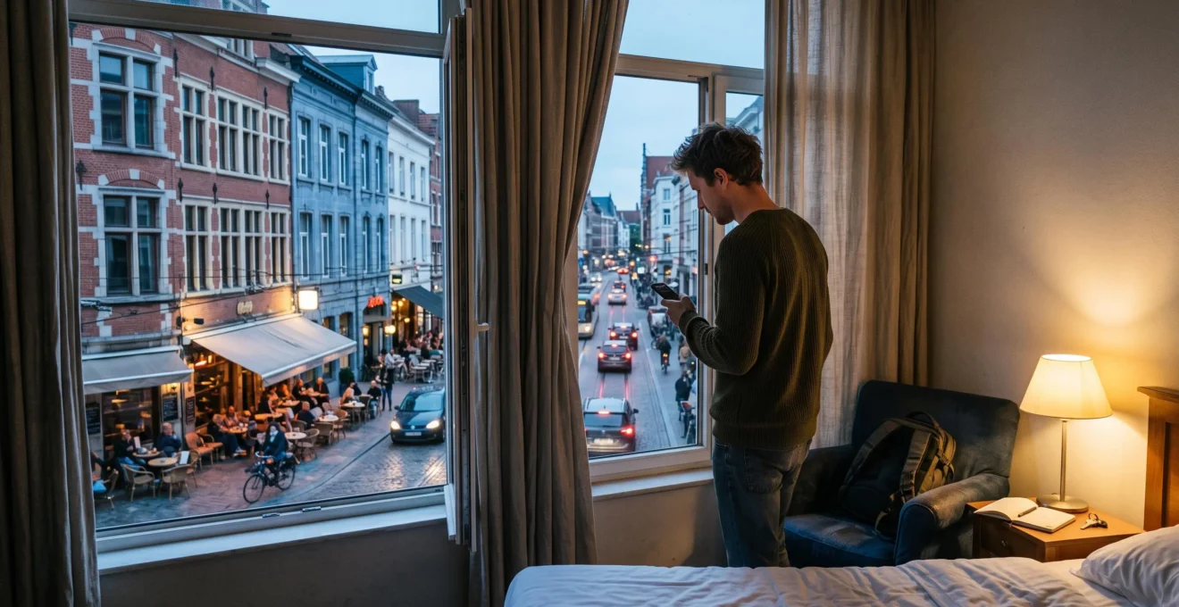 Un voyageur debout à la fenêtre d'une chambre d'hôtel observe la rue animée en soirée à travers les rideaux entrouverts.