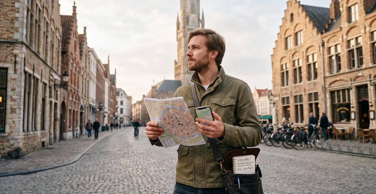 Un voyageur consulte une carte et son téléphone sur une place pavée d'une ville belge, semblant choisir les lieux à visiter.