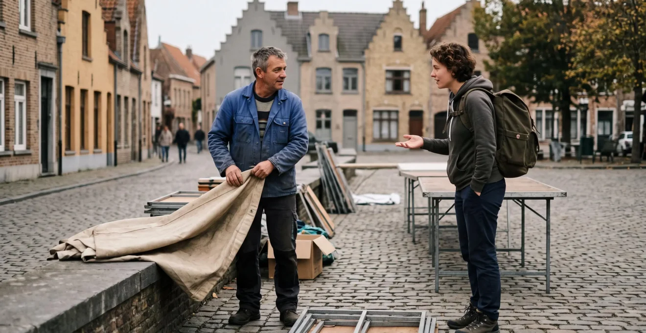 Un voyageur engage brièvement la conversation avec un habitant qui replie son étal de marché sur une place pavée belge.