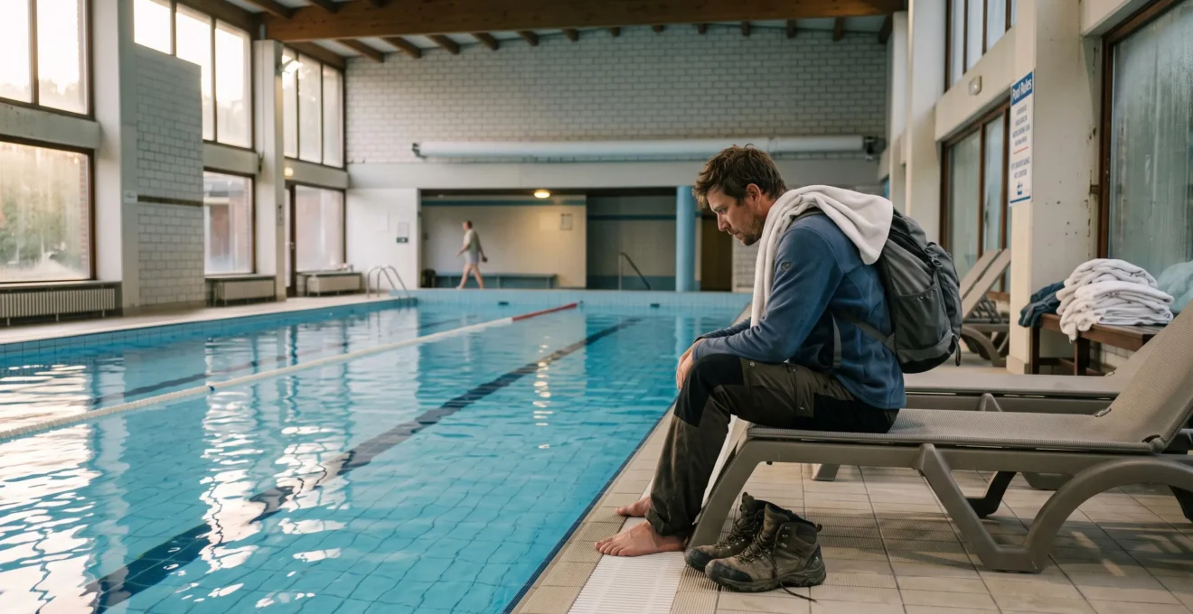 Un voyageur assis au bord d'une piscine intérieure d'un hébergement de vacances, avec ses chaussures de marche et un sac à dos posés à côté, regardant l'eau sans s'y baigner.