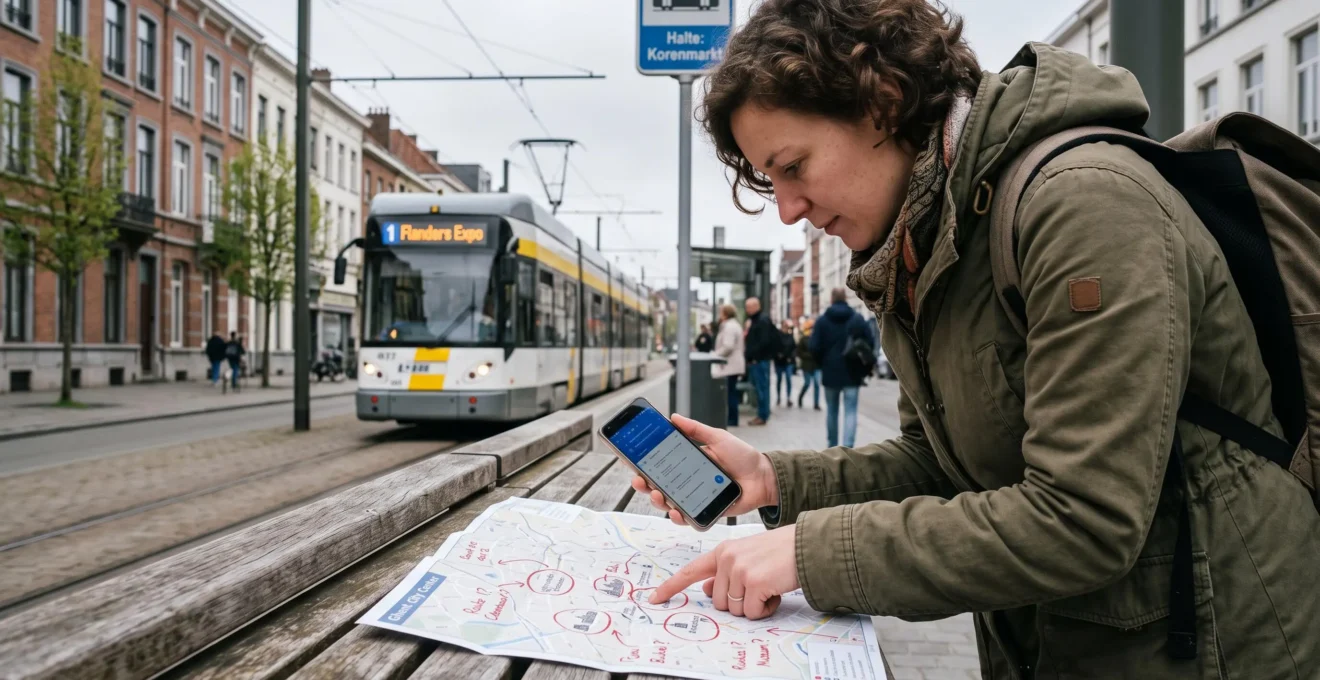 Un voyageur compare un plan de ville annoté par zones avec un planificateur d'itinéraires sur son téléphone à un arrêt de tram en Belgique.