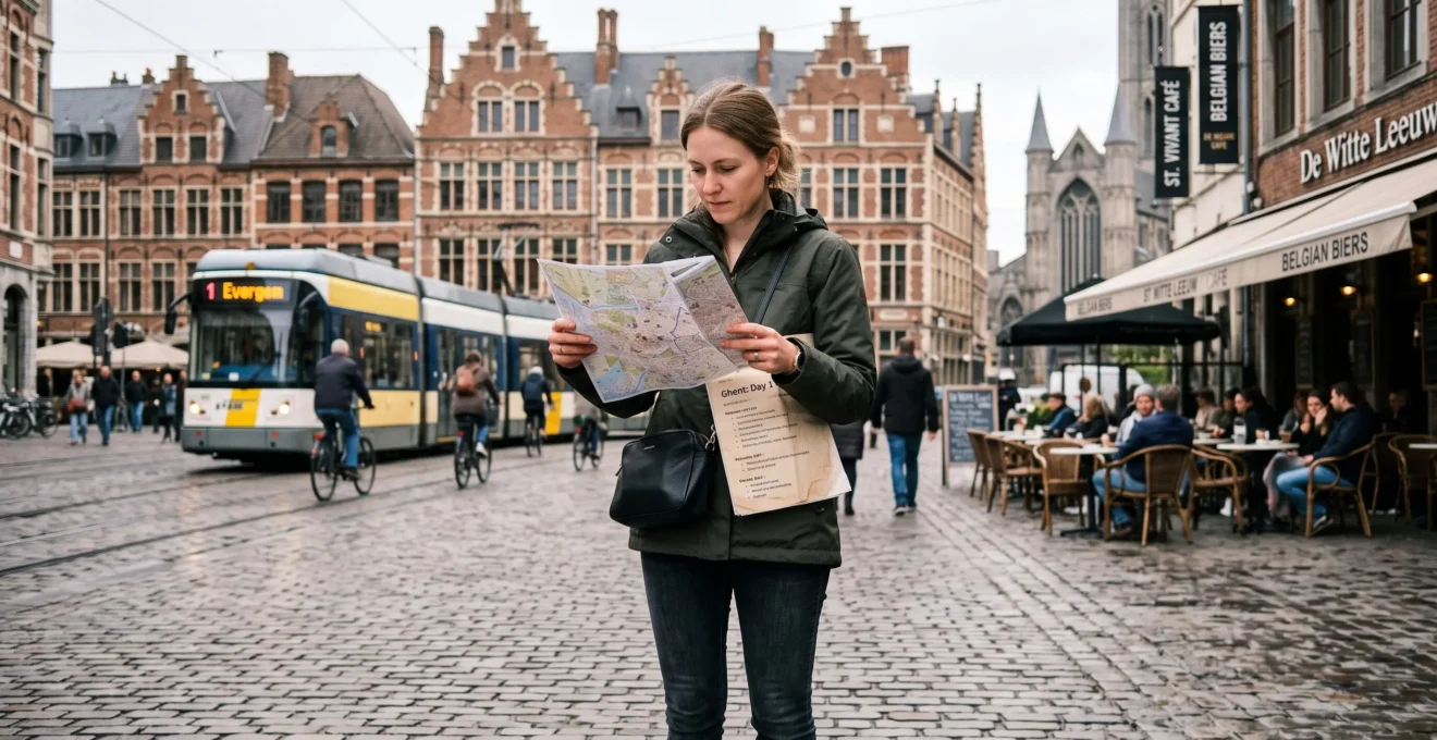 Un voyageur consulte une carte en papier sur une place pavée entourée de façades en briques, un itinéraire imprimé sous le bras.