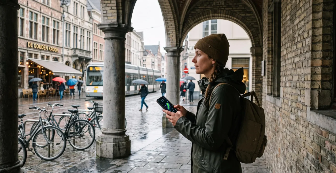 Un voyageur sous une pluie fine se réfugie sous une arcade belge et consulte une carte radar météo sur son téléphone.