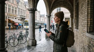 Un voyageur sous une pluie fine se réfugie sous une arcade belge et consulte une carte radar météo sur son téléphone.