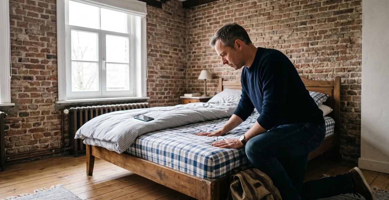Un voyageur appuie sa main sur le matelas d'un lit double dans une chambre d'hôtes pour tester sa fermeté avant de s'installer.