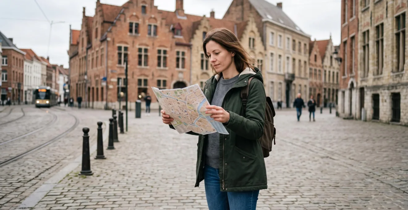 Une voyageuse consulte une carte en papier sur une place pavée d'une ville historique belge, une trame de rues ancienne autour d'elle.
